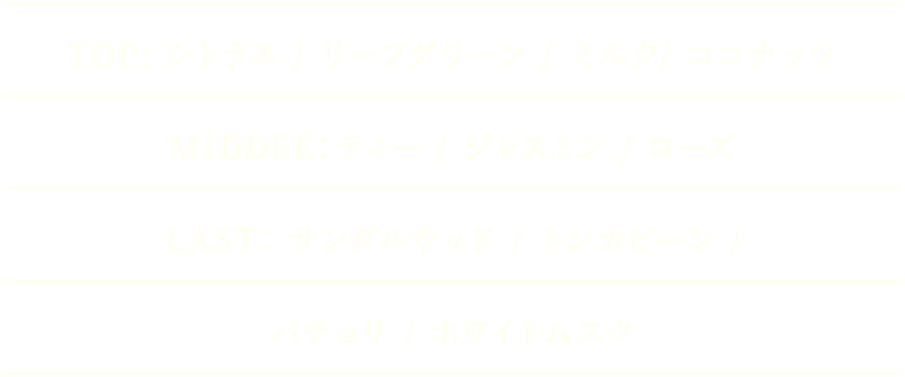 TOP:シトラス / リーフグリーン / ミルク / ココナッツ MIDDLE:ティー / ジャスミン / ローズ LAST:サンダルウッド / トンカビーン / パチョリ / ホワイトムスク